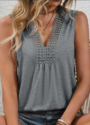 Lace V Neck Sleeveless Flowy Silhouette Breathable Fabric Tank Top