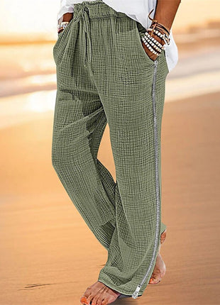 Zou Cotton And Linen Drawstring Zipper Stretch Pants