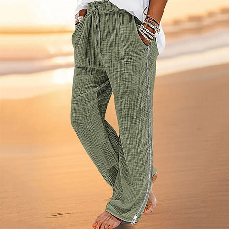 Zou Cotton And Linen Drawstring Zipper Stretch Pants