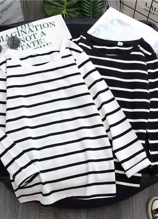 Black Striped Western Style Long-sleeved T-shirt