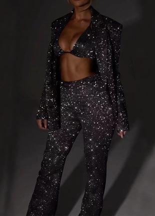 3 pcs Shiny Long-sleeved with Bra Lapel Blazer and Straight-leg Trousers