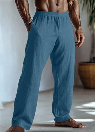 Cotton And Linen Solid Color Casual Trousers With Pockets