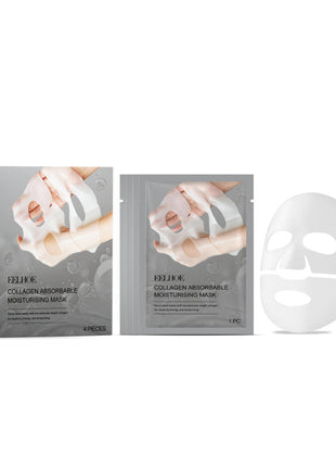 Collagen absorbable moisturising mask packaging with a single mask on a white background