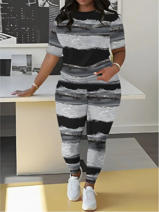 Lines Round Neck T-Shirt And Leggings Set