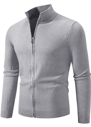 Stand Collar Simple Zipper Solid Color Cardigan Sweater