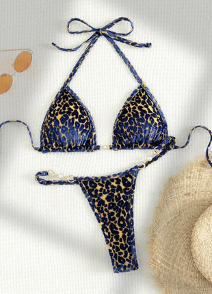 T-shaped Pearl Leopard Special Fabric Swimwear Swimsuit Bikini