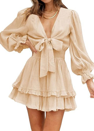 V-neck Ruffled Slimming Long Sleeves Dress