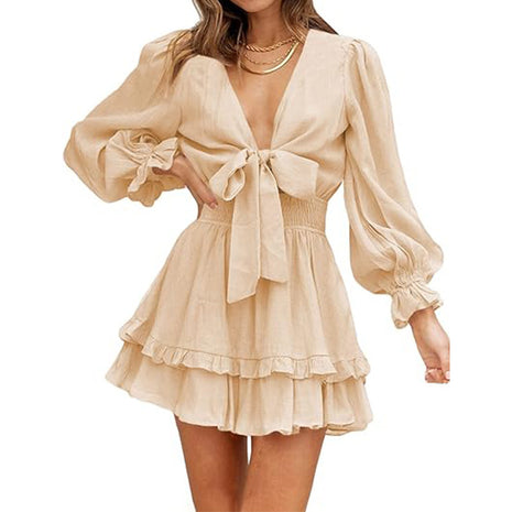 V-neck Ruffled Slimming Long Sleeves Dress
