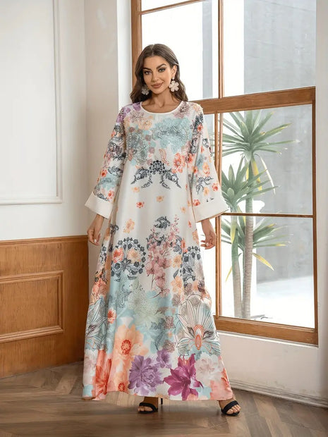Elegant Floral Long Kaftan Dress