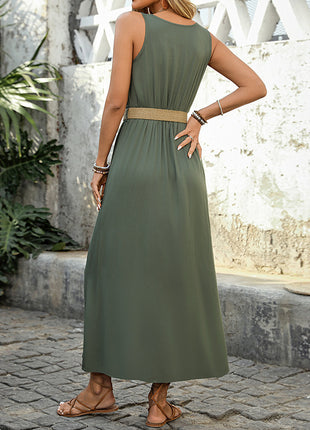 Round-neck Sleeveless Split With Button Long Dresses