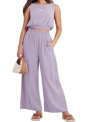 Round Neck Sleeveless Lower Hem High Waist Wide Leg Two-piece Set