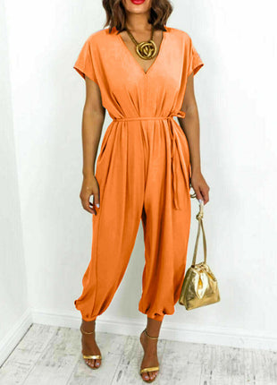 V-neck Lace-up Waist Wide Leg Jumpsuit