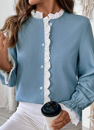 Single-breasted Lace Collar Blue Top