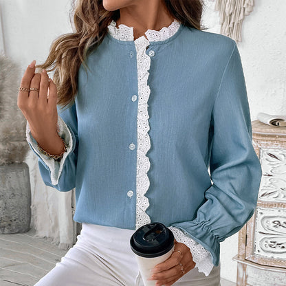 Single-breasted Lace Collar Blue Cardigan