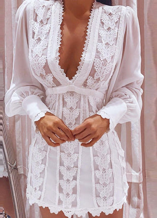 White Elegant V Neck Lace Long Puff Sleeve Butterfly Dress