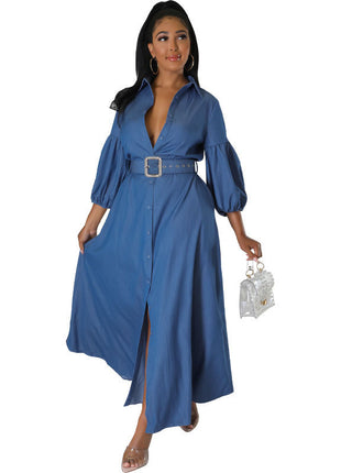 Blue Denim Jeans Long Sleeve Women's Dress