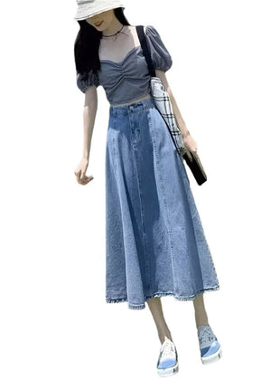 Denim A- Line High Waist Umbrella Skirt
