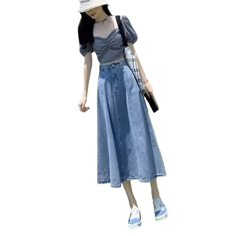 Denim A- Line High Waist Umbrella Skirt