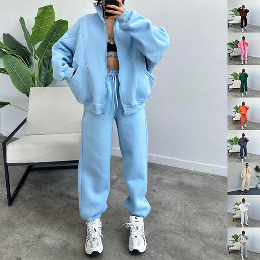 Stand-up Collar Zipper and Drawstring Trousers Set with Pockets