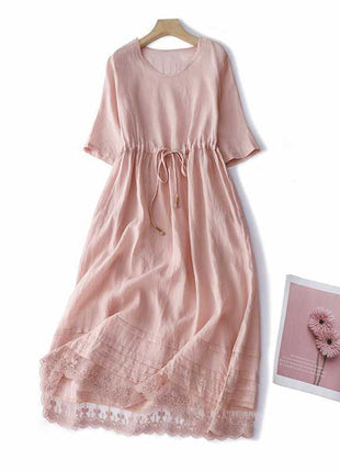 Ramie Mori Style Retro Crew Neck Dress