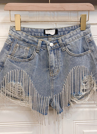 Fringed Chain Jeans High Waist Slim Beading Tide Shorts
