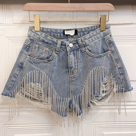 Fringed Chain Jeans High Waist Slim Beading Tide Shorts
