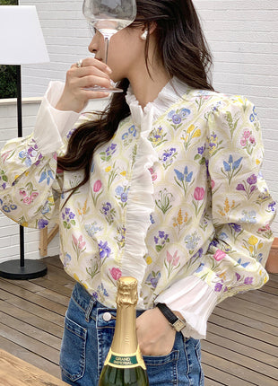 Romantic Turtleneck Patchwork Ruffled Flare Sleeve Shirt