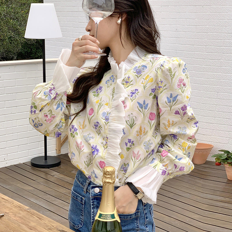 French Romantic Turtleneck Patchwork Ruffled Printing Flare Sleeve Shirt