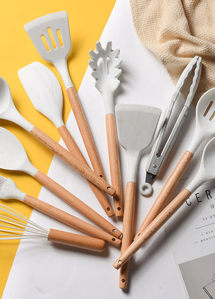 White Silicone Marbled Wooden Handle Kitchenware Set of 11