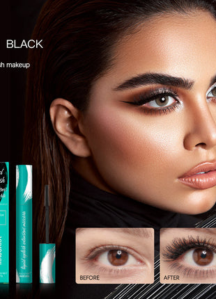 Woman with enhanced eyelashes, mascara packaging, and before/after comparison on a dark background