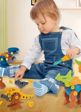 Child playing with toy dinosaurs on a wooden floor