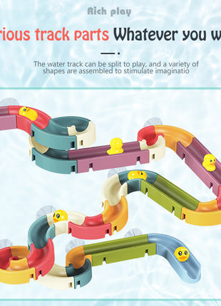 Colorful track parts for a water track toy on a light blue background