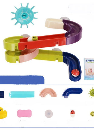 Colorful bath toy set with components and packaging on a white background