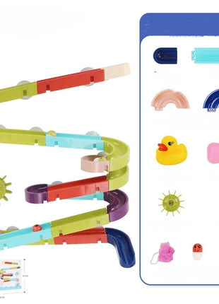 Colorful toy track with various accessories on a white background